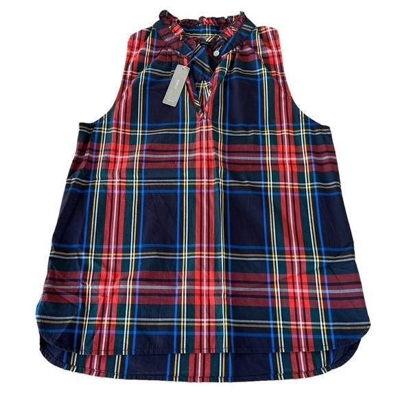 J. Crew Stewart Tartan Plaid Ruffle Collar Sleeveless Blouse Sz 2 NWT Red Black - Picture 4 of 10